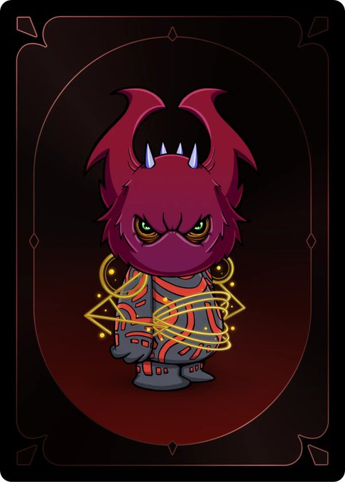A digital illustration of a small, stylized demon character with purple skin, horns, and a grey and red outfit, encircled by a glowing yellow magic ring on a dark background.