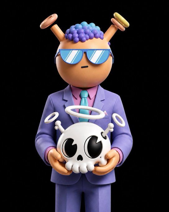 A 3D rendered character in a purple suit with a purple tie, wearing reflective blue sunglasses, with a purple spiky hairstyle and antennae with macarons on the ends, holding a skull with black eyes and angel wings.