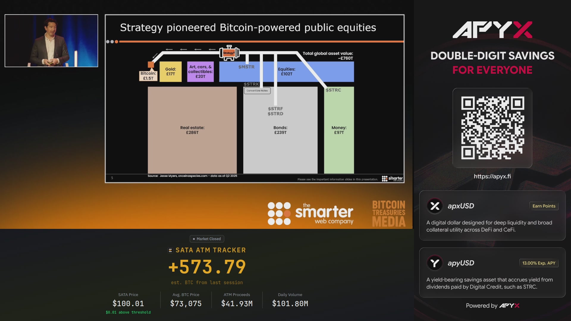 The image shows a presentation slide with a large screen displaying information about Bitcoin Treasuries. There are multiple speakers listed for the event, including Alexandre Laizet, Andrew Webley, Kwasi Kwarteng, Jesse Myers, Phong Le, and Matt Cole. The text on the slide indicates that this is an online conference focused on Bitcoin Treasuries, with a live stream available for those who want to watch it.
