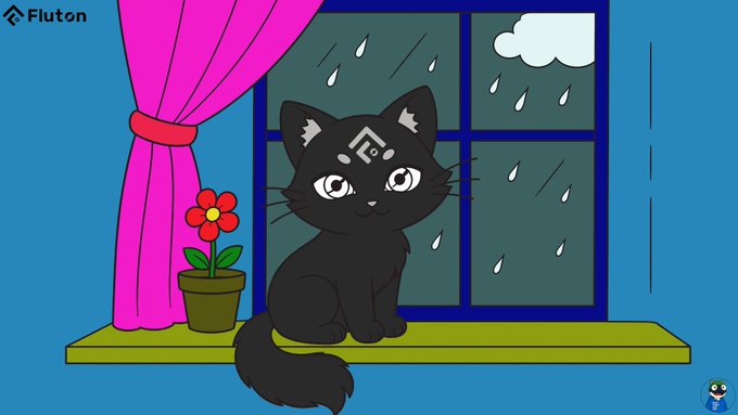 The image features a black cat with a "PRISM" symbol on its forehead sitting on a windowsill, watching the rain fall outside, with the "Fluton" logo in the corner. The cat serves as a direct visual metaphor for "PRISM" (Privacy Preserving Intent Settlement Mechanism), symbolizing watchful eyes and observation—reinforcing the post's warning about privacy leaks and the need for protective mechanisms in crypto trading.
