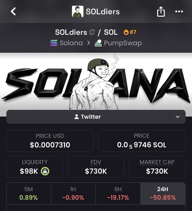 SOLdiers token (#7) on Solana/PumpSwap showing price $0.0007310, market cap $730K, and 24h performance down 50.85%.