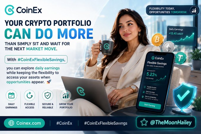 A CoinEx promotional image features a woman holding a branded mug alongside a laptop and smartphone displaying the CoinEx Flexible Savings app with a 5.23% estimated APR and daily earnings of $12.45 USDT, illustrating the message that crypto portfolios can earn daily while remaining flexible for market opportunities.
