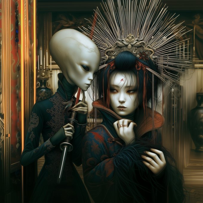 A pale humanoid figure with an elongated head whispers in the ear of a woman wearing an ornate crown, both holding symbolic objects while enshrouded in an opulent palace setting, visually capturing the artwork's theme of a silent bond formed through trust rather than words.