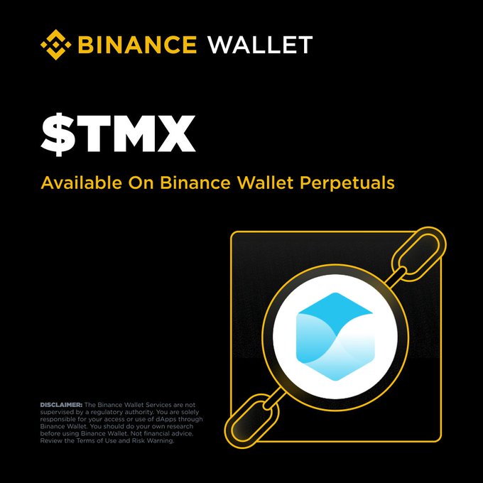 The image is a Binance Wallet promotional graphic announcing that the $TMX token is now available on Binance Wallet Perpetuals, featuring a stylized illustration of a tokenized stock icon framed by yellow chain links on a black background. It complements the post's announcement about trading $TMX with up to 5x leverage and the ability to use Binance Wallet tokenized stocks (bStocks) as collateral at up to 90% of market value through Multi-Assets Mode.
