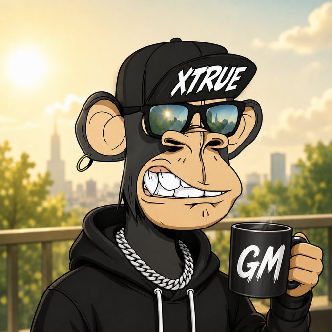 A cartoon illustration of a Bored Ape-style monkey character wearing a black 'XTRUE' cap, sunglasses, and a chain necklace, holding a black mug with 'GM' written on it against a city skyline background.