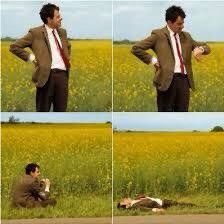 A four-panel image shows a man in a brown jacket and tie holding a fishing rod in a yellow field, casting his line, then crouching down, and finally lying face-down on the ground in defeat—visually echoing the FCL players' desperate anticipation and disappointment as they wait for a stock pick to spike.
