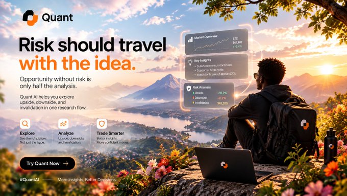 An advertisement for 'Quant AI' featuring the tagline 'Risk should travel with the idea' and 'Opportunity without risk is only half the analysis,' showing a man with a backpack overlooking a mountain landscape with overlaid market data panels for BTC and risk analysis.