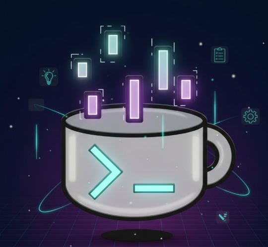 A stylized coffee mug with a command-line prompt (">_") sits on a neon grid, surrounded by floating UI elements like phones, documents, a lightbulb, and a gear, with vertical neon bars rising from the cup. The image visually represents Caffeine as a "developer brew," where plain-language chat (symbolized by the terminal prompt) becomes enterprise apps and workflows—mirroring the post about its AWS Marketplace launch for AI-powered app building.