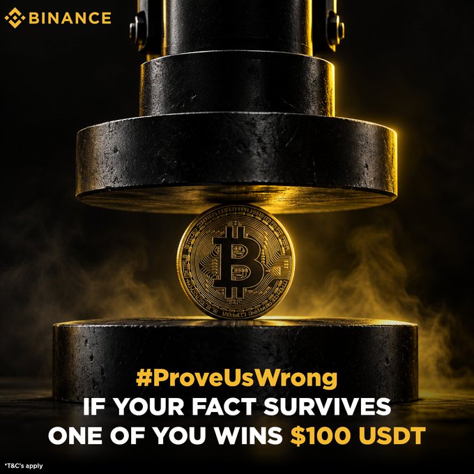 A Binance-branded promotional image shows a gold Bitcoin coin being pressed by a heavy industrial forge/stamping machine, with the tagline "#ProveUsWrong IF YOUR FACT SURVIVES ONE OF YOU WINS $100 USDT" — inviting users to share an unchallengeable Bitcoin fact for a chance to win $100 USDT.