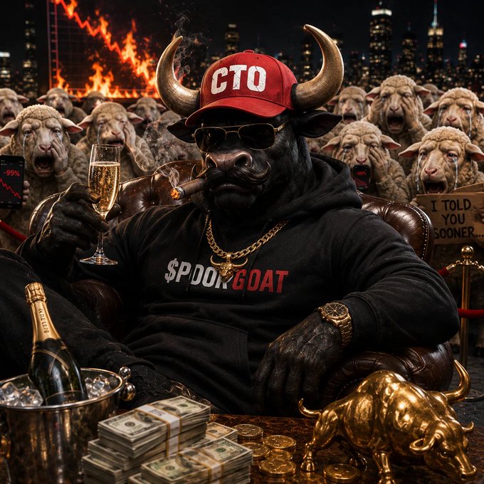 A digital illustration of a wealthy anthropomorphic bull wearing sunglasses, a 'CTO' cap, and a '$POOR GOAT' sweatshirt, smoking a cigar and holding champagne, surrounded by crying sheep, cash, and a golden bull statue.