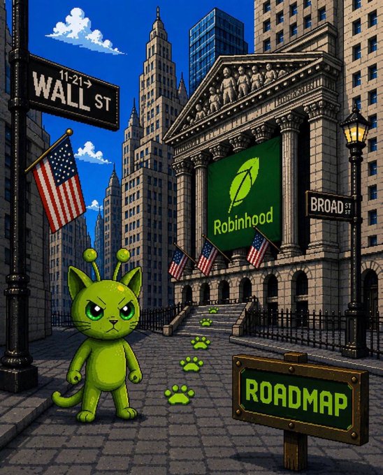 A stylized illustration of a green alien-like cat character on Wall Street with the New York Stock Exchange building displaying a 'Robinhood' logo, alongside a 'ROADMAP' sign.