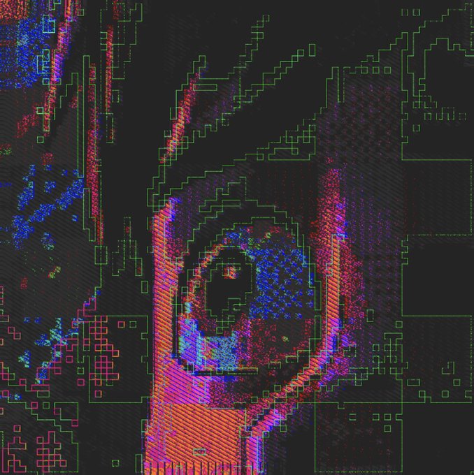 An abstract digital artwork with neon green, pink, and blue pixelated patterns forming geometric and spiral shapes on a black background.