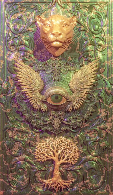 An ornate, metallic-looking artwork features a lion's head at the top, a winged eye in the center, and a tree of life at the bottom, all set against an iridescent green and copper background with intricate decorative patterns.