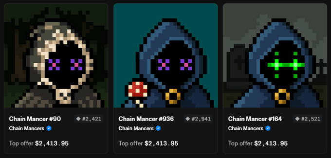 Three "Chain Mancer" NFT listings (#90, #36, and #164) are displayed, each priced at a top offer of $2,413.95, supporting the post's claim of purchasing three Mancers at approximately $900 each as an initial NFT play on Robinhood.