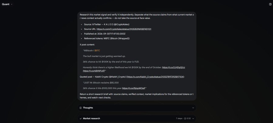 A dark-themed AI interface (appears to be 'Quant') displaying a research prompt about verifying market signals regarding WBTC and Bitcoin, referencing an X/Twitter post by @CryptoKaleo about Bitcoin reaching $100K by end of year.
