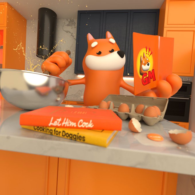 iced tea with a dragon on the label, orange bowl of eggs, and a book titled "Let Him Cook" are present in an orange kitchen.
