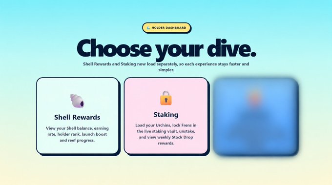 A user interface dashboard titled 'Choose your dive.' featuring selectable cards for 'Shell Rewards' and 'Staking', with a third blurred card on the right.