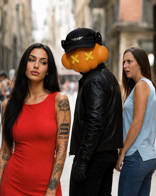 A street scene featuring a woman with long black hair in a red dress with a 'SOLANA' tattoo, standing next to a figure wearing an orange skull-mask cap and black leather jacket, while another woman in blue looks on.