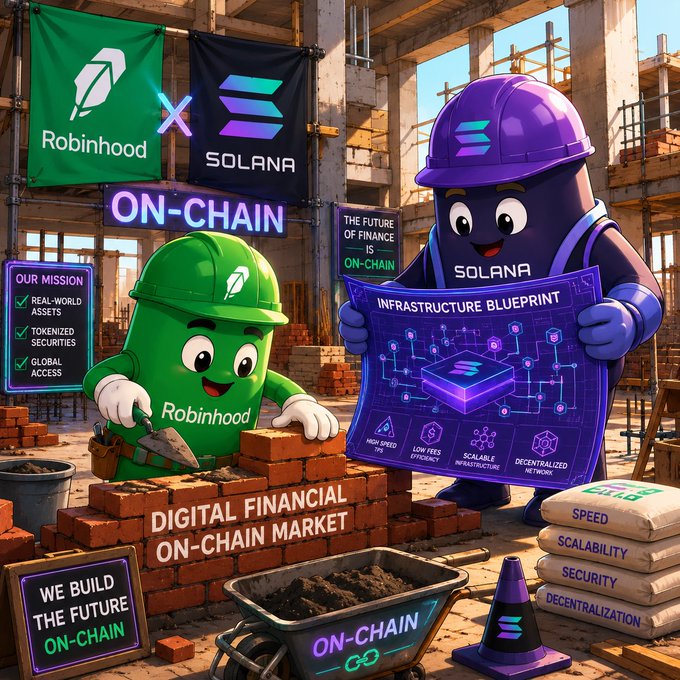 A cartoon-style promotional graphic featuring Robinhood and Solana mascot characters at a construction site, building with bricks labeled 'DIGITAL FINANCIAL ON-CHAIN MARKET' and displaying banners with 'ON-CHAIN' and 'INFRASTRUCTURE BLUEPRINT'.