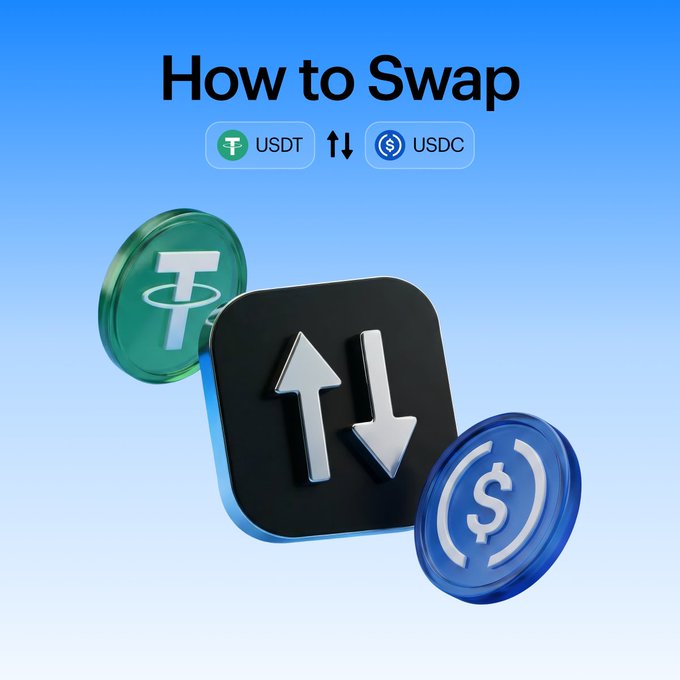 The image shows three coins floating in space against a blue background. The coins are labeled with the text "How to swap" at the top of the image. Below this, there's a black square containing two coins - one green and one blue. The green coin has a dollar sign on it, while the blue coin has a T-shaped symbol. The text below these coins reads: "Swapping USDT for USDC in the Tangem app takes under a minute, and stablecoin swaps incur no fees."