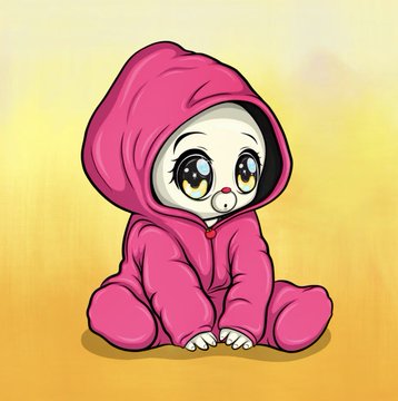 A cartoon illustration of a small white creature with large expressive eyes wearing a pink hooded onesie, sitting against a yellow background.