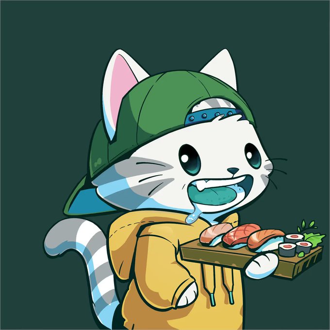 A cartoon cat wearing a green cap and yellow hoodie drools while holding a platter of sushi.