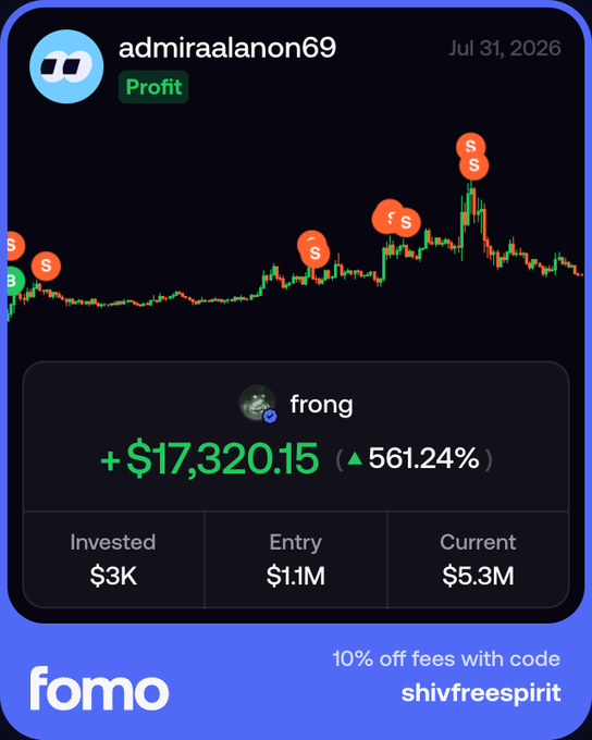 A Fomo app profit card displays user "admiraalanon69" holding the $frong token with a +$17,320.15 profit (561.24% gain) on a $3K investment, despite multiple sell signals ("S") marked on the chart, illustrating how his early entry at $1.1M market cap—compared to the poster's later entry—allowed him to still be holding while sitting on massive unrealized gains.