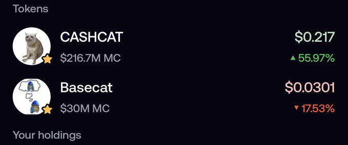 A cryptocurrency trading app screenshot showing 'Tokens' with 'CASHCAT' at $0.217 (▲55.97%, $216.7M MC) and 'Basecat' at $0.0301 (▼17.53%, $30M MC).