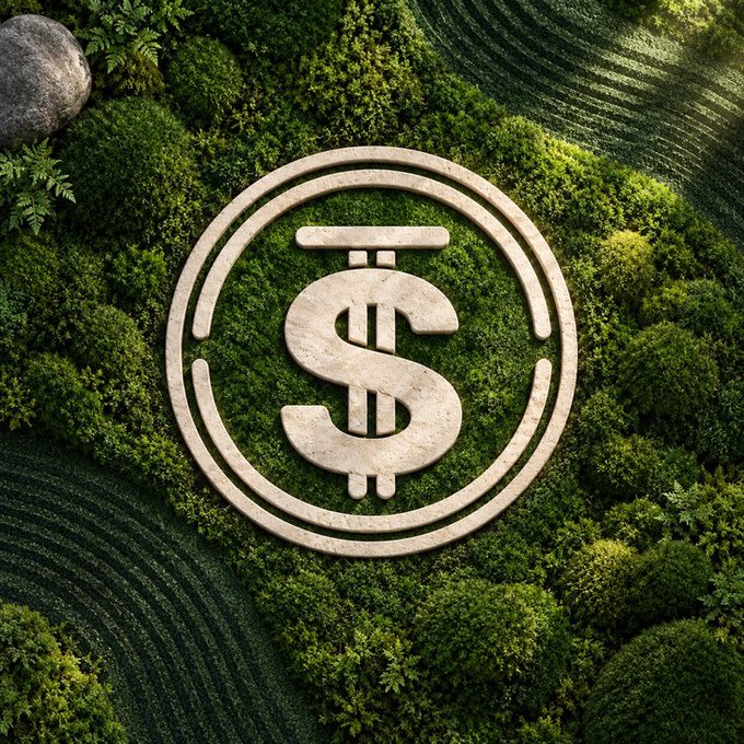 A 3D render of a stone dollar sign ($) emblem surrounded by concentric rings, set against a lush green mossy background.
