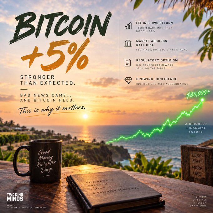 A motivational-style Bitcoin graphic announcing 'BITCOIN +5% STRONGER THAN EXPECTED,' noting bad news came but Bitcoin held, with bullet points on ETF inflows returning, rate hike absorption, regulatory optimism, and growing confidence, showing a chart line reaching $80,000+.