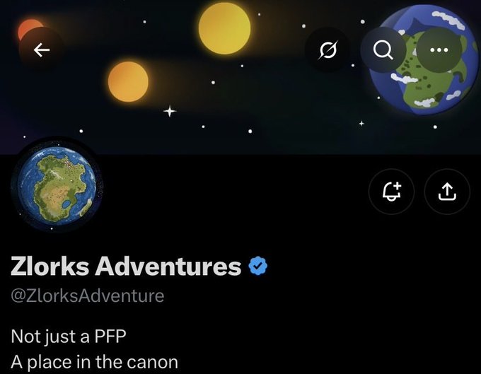 A Twitter/X profile page for 'Zlorks Adventures' (@ZlorksAdventure), with the description 'Not just a PFP / A place in the canon' and verified blue checkmark.