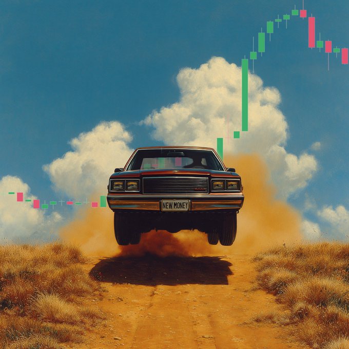 The image features a car driving off a dirt road with clouds above, and text below the scene that reads "Built bullish for the open road ahead. OKX is now available in the U.S." The phrase "built bullish" suggests that the car has been designed or modified to be more aggressive on the road, possibly for high-performance or racing purposes. The presence of clouds above indicates a sense of excitement and anticipation as viewers watch the car speed along the winding dirt road, creating an atmospheric image related to a financial context involving stock market fluctuations.