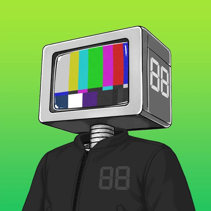 A cartoon character with an old television set for a head displaying color bars and the number '88', wearing a black jacket on a green background.
