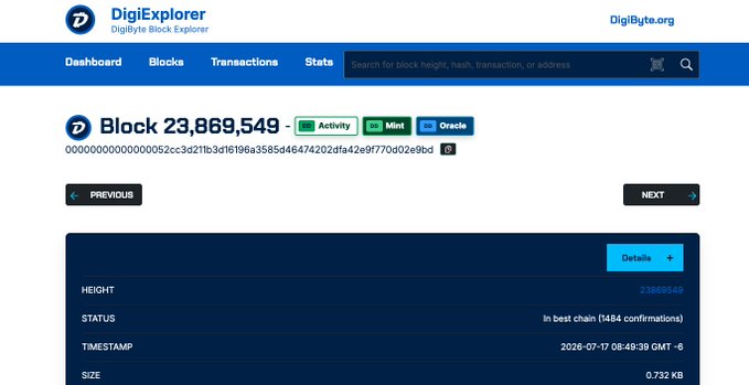 DigiExplorer block explorer showing DigiByte Block 23,869,549 with timestamp 2026-07-17 08:49:39 GMT-6 and size 0.732 KB.