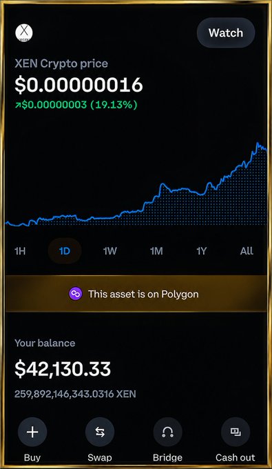 A price tracking chart on the X app showing the XEN Crypto price at $0.000000016, up 19.13%, with a balance of $42,130.33 for 259,892,146,343.0316 XEN tokens on the Polygon network.