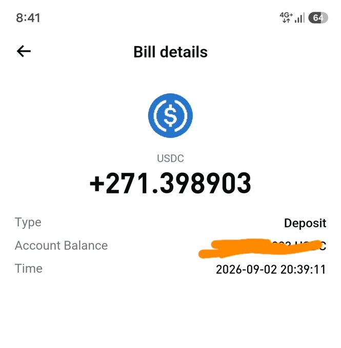 A mobile screenshot of a 'Bill details' page showing a USDC deposit of +271.398903 dated 2026-09-02 20:39:11, with the account balance redacted in orange.