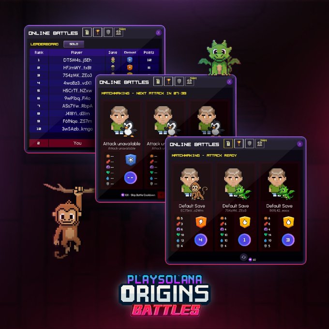 A promotional graphic for "PlaySolana Origins Battles" featuring three pixel-art game UI panels displaying a leaderboard, matchmaking countdown, and "Attack Ready" battle options with character saves, alongside a green dragon and a hanging monkey sprite. The image directly advertises the upcoming battles event referenced in the post, showcasing key gameplay screens with elements like "ONLINE BATTLES," "MATCHMAKING - NEXT ATTACK IN 07:39," and rankings led by "DTSMxS_j5Eh" with 18 points.