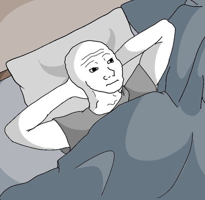 A stylized illustration of a bald person lying in bed with their hands behind their head, covered by a gray blanket with their head resting on a pillow, featuring a melancholic expression.