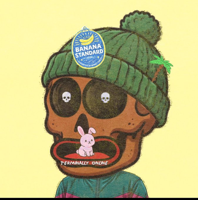An illustration of a character wearing a green beanie with a 'Banana Standard' patch, dark sunglasses with skull reflections, and a small pink bunny in his mouth, labeled 'TERMINALLY ONLINE'.