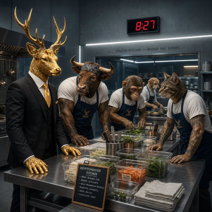 A surreal AI-generated image of a 'Stagish Kitchen - Behind the Scenes' featuring anthropomorphic animals including a stag in a suit, a bull, a chimpanzee, and a cat, all working as chefs preparing food.