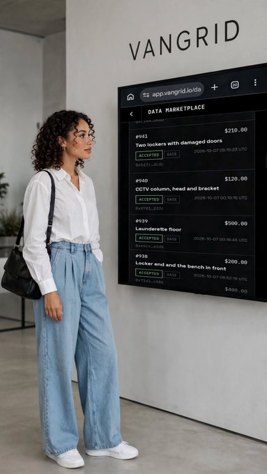 A woman with curly hair wearing a white shirt and blue jeans stands in front of a large wall-mounted screen labeled 'VANGRID' displaying a 'DATA MARKETPLACE' with listings like 'Two lockers with damaged doors' for $210.00 and 'CCTV column, head and bracket' for $120.00.