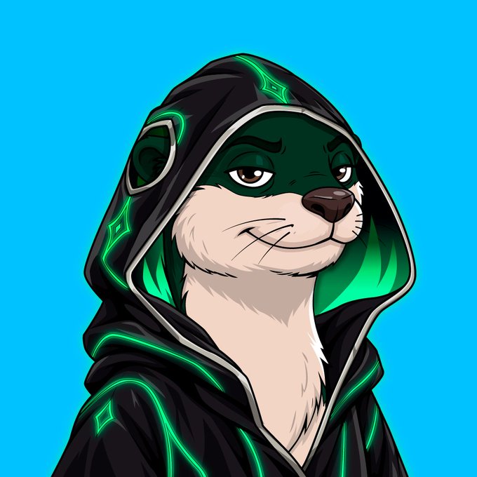 A digital illustration of an otter character wearing a black hooded cloak with glowing green runes and trim, set against a teal background.