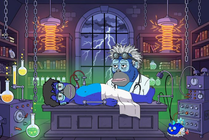 A cartoon scene in a mad scientist's laboratory where a blue-skinned scientist with wild white hair tends to a blue-skinned woman lying on a table, with lightning visible outside the window.