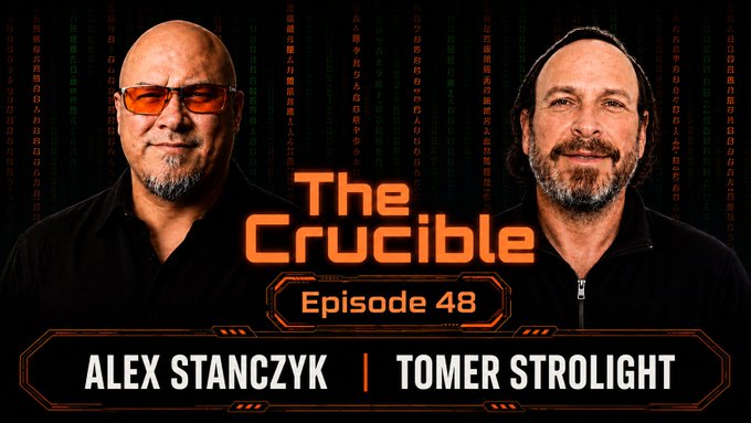 Promotional graphic for 'The Crucible Episode 48' featuring portraits of Alex Stanczyk and Tomer Stolight against a dark background with orange and green code-like text.