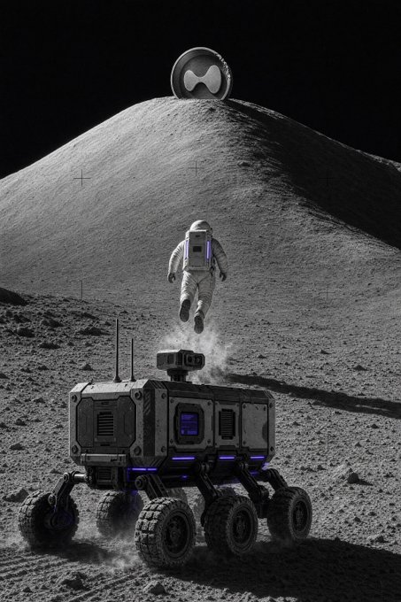 A digital illustration shows an astronaut floating above a six-wheeled lunar rover on the moon's surface, with a circular object bearing an 'X' logo resting on a ridge in the background.
