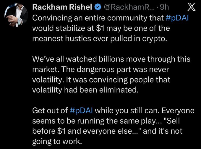 A tweet by Rackham Rishel (@RackhamR...) warning about pDAI (Prisma DAI) in crypto, stating that 'Convincing an entire community that #pDAI would stabilize at $1 may be one of the meanest hustles ever pulled in crypto.'