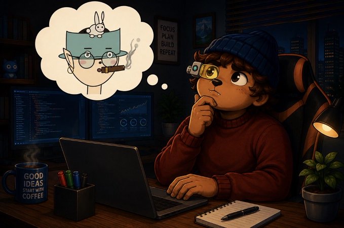 An illustrated young programmer in a beanie and glasses sits at a laptop in a dimly lit room, thinking about a cute character with a bunny, while a mug reads 'GOOD IDEAS START WITH COFFEE' and a poster says 'FOCUS PLAN BUILD REPEAT'.