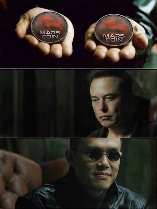 A three-panel meme showing hands holding 'Mars Coin' tokens above, with images of Elon Musk and a Morpheus-style character below, referencing crypto-themed pop culture.