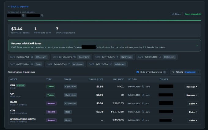 The image shows a completed DeFi Saver scan revealing $3.44 in recoverable tokens across 1 holding and 7 smart wallets, including assets like ETH ($1.93), OP ($0.91), BARD ($0.34), r2FI ($0.26), and primenumbers-points (9.338063) on chains such as Optimism, Ethereum, and Base. The interface displays options to recover or claim each residual token, directly illustrating the post's point about using a free tool to find and reclaim forgotten wallet assets.