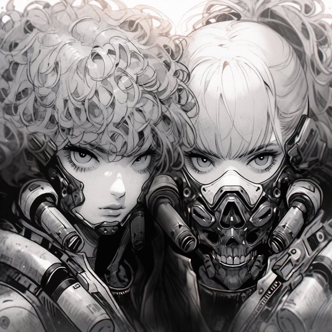 A detailed black and white illustration of two cyberpunk-style characters: one with curly hair wearing a robotic headpiece, and another with a skull-like mechanical face mask, both with large expressive eyes.